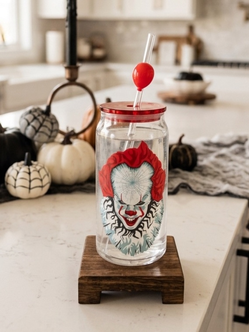 Horror IT Pennywise 20oz Glass Tumbler w/ Red Balloon Straw Collectors